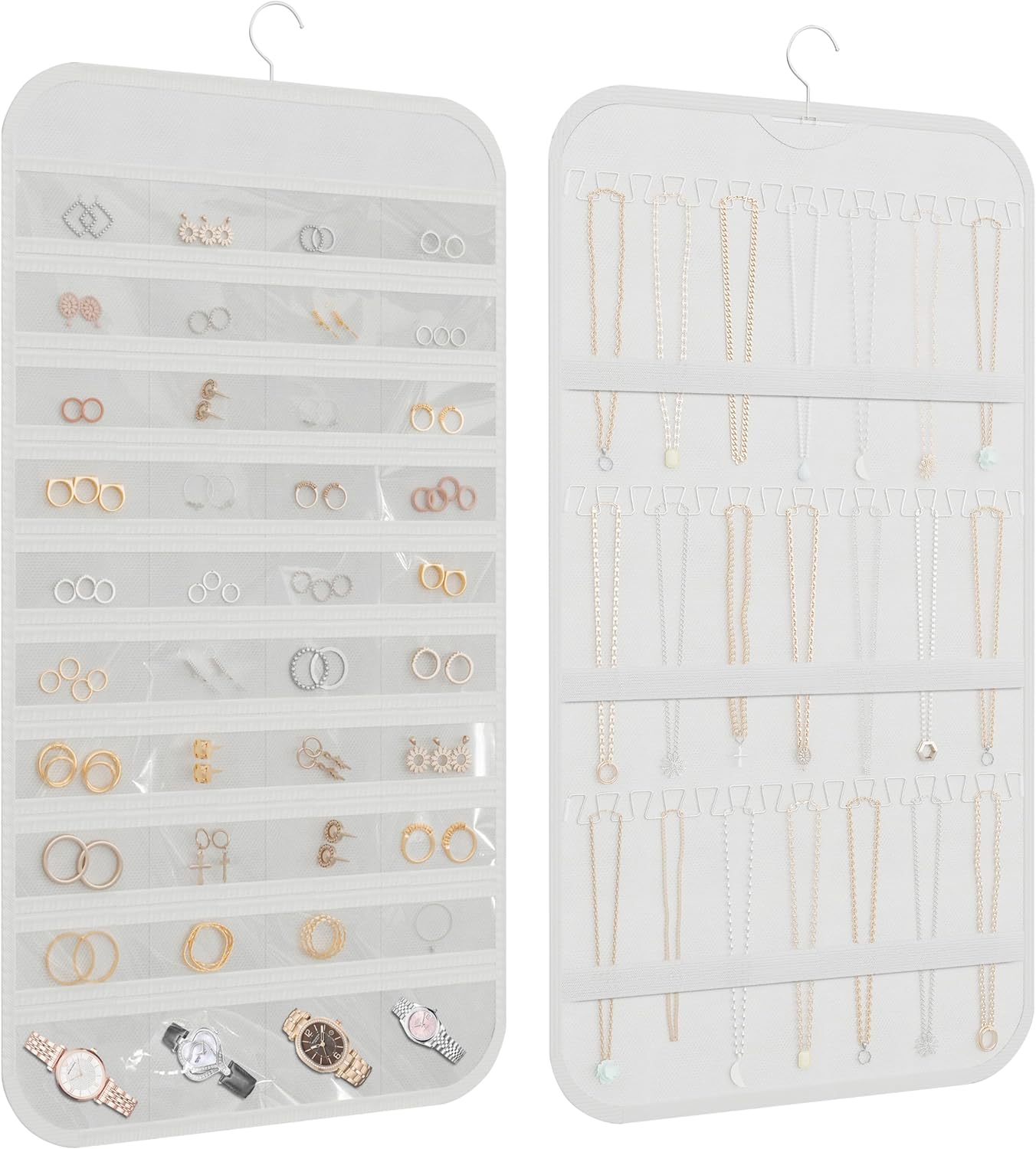 DonYeco Hanging Jewelry Organizer displaying necklaces and accessories on a closet door
