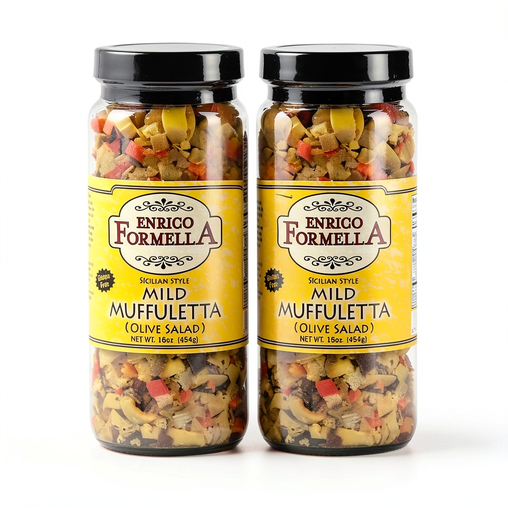 Enrico Formella Muffuletta Olive Spread jar opened on a kitchen counter, showing olives and veggies
