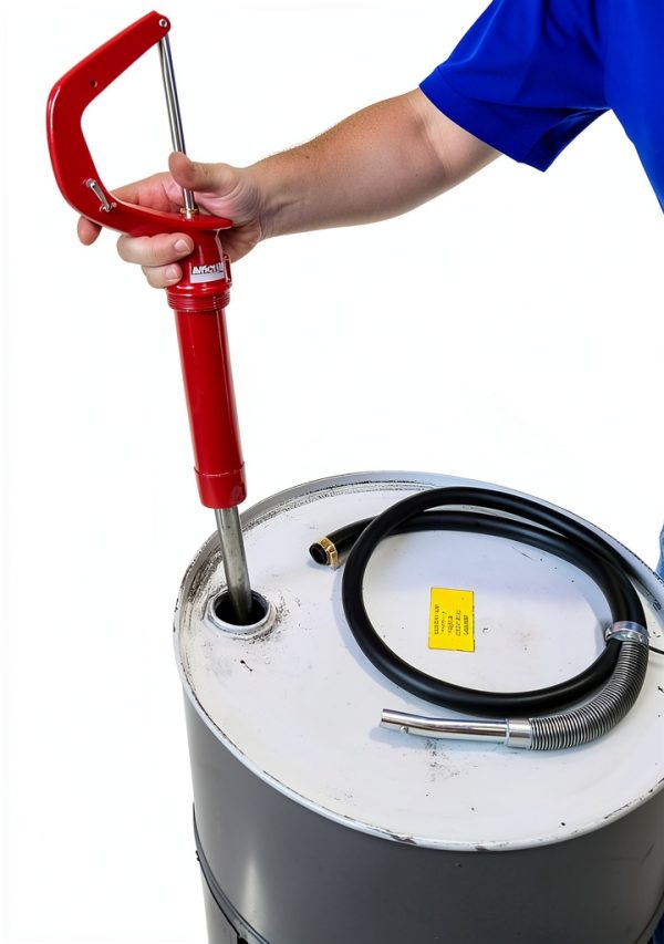 Lincoln 1335 Lever-Action Fluid Transfer Pump, Fits 16- to 55 Gallon Drums, 8.5 Fl. Oz. Per Stroke, 2" Bung, Brass Rings, 6' Removable Hose, Steel Outlet Nozzle, Check Valve, Multi-position Handle-3