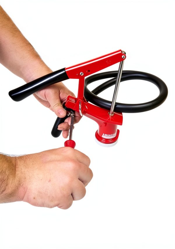 Lincoln 1335 Lever-Action Fluid Transfer Pump, Fits 16- to 55 Gallon Drums, 8.5 Fl. Oz. Per Stroke, 2" Bung, Brass Rings, 6' Removable Hose, Steel Outlet Nozzle, Check Valve, Multi-position Handle-4