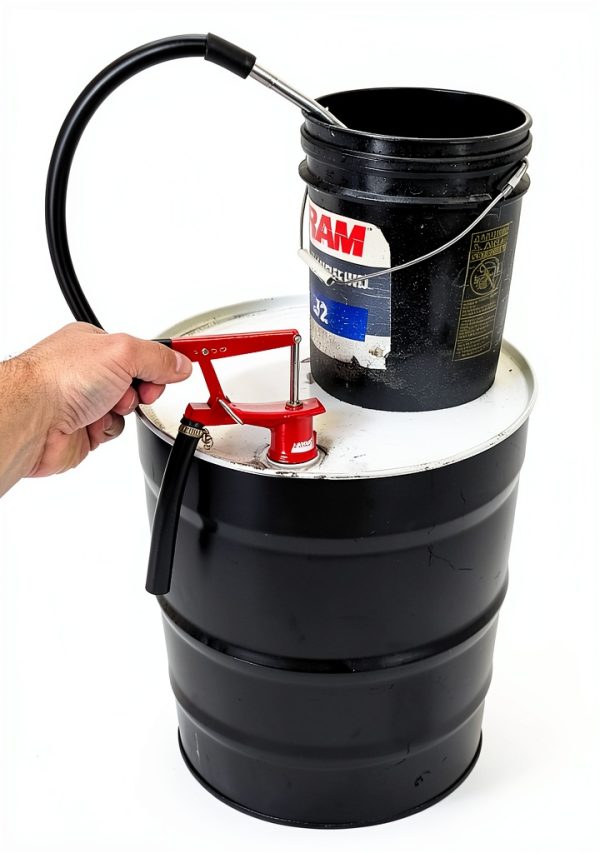 Lincoln 1335 Lever-Action Fluid Transfer Pump, Fits 16- to 55 Gallon Drums, 8.5 Fl. Oz. Per Stroke, 2" Bung, Brass Rings, 6' Removable Hose, Steel Outlet Nozzle, Check Valve, Multi-position Handle-2