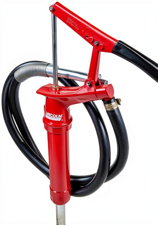 Lincoln 1335 Lever-Action Fluid Transfer Pump, Fits 16- to 55 Gallon Drums, 8.5 Fl. Oz. Per Stroke, 2" Bung, Brass Rings, 6' Removable Hose, Steel Outlet Nozzle, Check Valve, Multi-position Handle-1